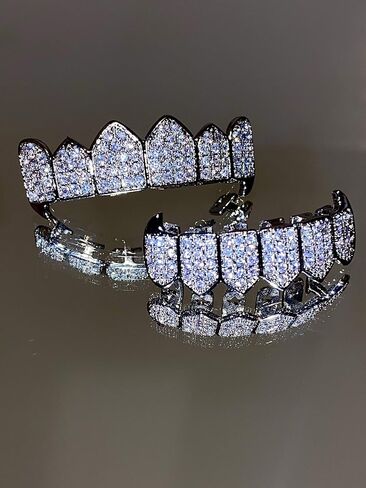 18K White Gold Plated CZ Cluster Custom Slugs Top Bottom Grillz Fangs Mouth Teeth Grills Set - Grillz, Teeth Cap, Iced Out Grillz (Bottom) in Kuwait