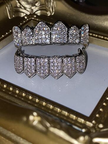 18K White Gold Plated CZ Cluster Custom Slugs Top Bottom Grillz Fangs Mouth Teeth Grills Set - Grillz, Teeth Cap, Iced Out Grillz (Bottom) in Kuwait