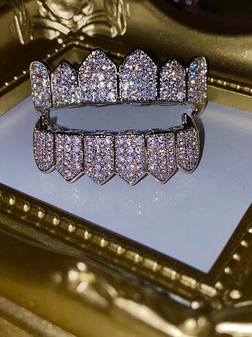 18K White Gold Plated CZ Cluster Custom Slugs Top Bottom Grillz Fangs Mouth Teeth Grills Set - Grillz, Teeth Cap, Iced Out Grillz (Bottom) in Kuwait