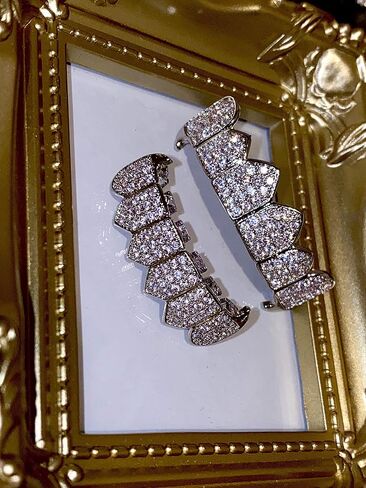 18K White Gold Plated CZ Cluster Custom Slugs Top Bottom Grillz Fangs Mouth Teeth Grills Set - Grillz, Teeth Cap, Iced Out Grillz (Bottom) in Kuwait