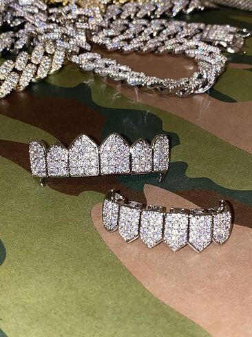 18K White Gold Plated CZ Cluster Custom Slugs Top Bottom Grillz Fangs Mouth Teeth Grills Set - Grillz, Teeth Cap, Iced Out Grillz (Bottom) in Kuwait