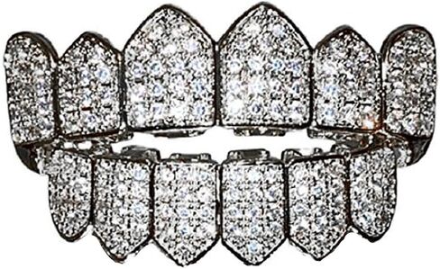 18K White Gold Plated CZ Cluster Custom Slugs Top Bottom Grillz Fangs Mouth Teeth Grills Set - Grillz, Teeth Cap, Iced Out Grillz (Bottom) in Kuwait