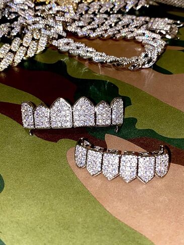 18K White Gold Plated CZ Cluster Custom Slugs Top Bottom Grillz Fangs Mouth Teeth Grills Set - Grillz, Teeth Cap, Iced Out Grillz (Bottom) in Kuwait