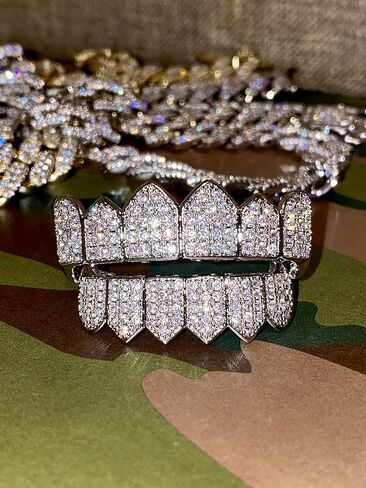 18K White Gold Plated CZ Cluster Custom Slugs Top Bottom Grillz Fangs Mouth Teeth Grills Set - Grillz, Teeth Cap, Iced Out Grillz (Bottom) in Kuwait