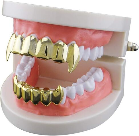 OOCC 18K Gold Plated Grillsz Hip Hop Vampire Fangs Caps Top and Bottom Set for Your Teeth in Saudi Arabia