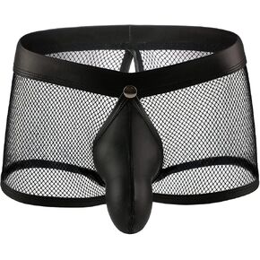 Evankin Men's See Through Sexy Mesh With Faux Leather Loose Shorts Pants Erotic Clubwear Button Removable Pouch in Saudi Arabia