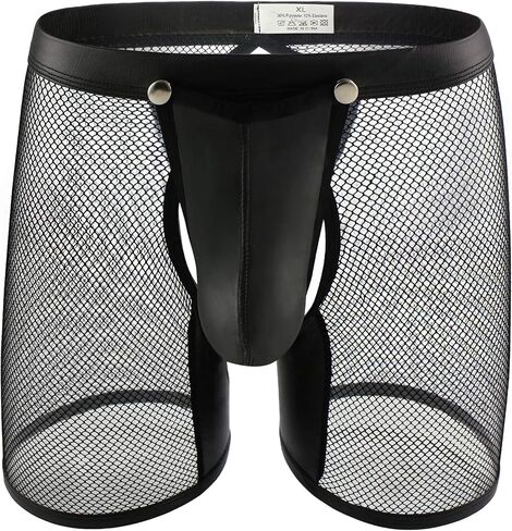 Evankin Men's See Through Sexy Mesh With Faux Leather Loose Shorts Pants Erotic Clubwear Button Removable Pouch in Kuwait
