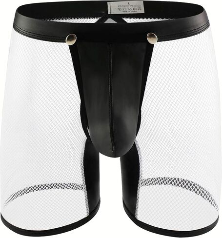 Evankin Men's See Through Sexy Mesh With Faux Leather Loose Shorts Pants Erotic Clubwear Button Removable Pouch in Kuwait
