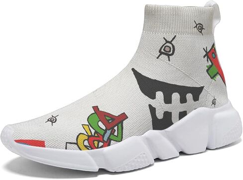 Men Plus Size Sneakers Art Graffiti Running Shoes Slip on Sock Breathable Lightweight White 7-15 in Saudi Arabia
