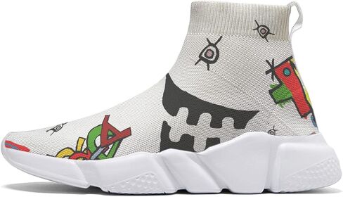 Men Plus Size Sneakers Art Graffiti Running Shoes Slip on Sock Breathable Lightweight White 7-15 in Saudi Arabia