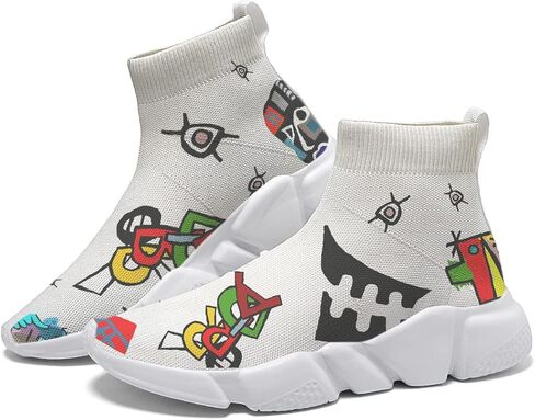 Men Plus Size Sneakers Art Graffiti Running Shoes Slip on Sock Breathable Lightweight White 7-15 in Saudi Arabia