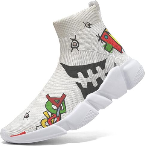 Men Plus Size Sneakers Art Graffiti Running Shoes Slip on Sock Breathable Lightweight White 7-15 in Saudi Arabia