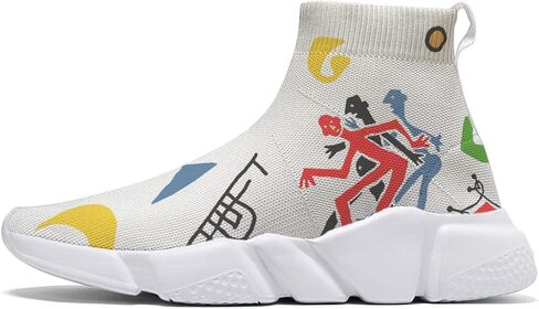 Men Plus Size Sneakers Art Graffiti Running Shoes Slip on Sock Breathable Lightweight White 7-15 in Saudi Arabia
