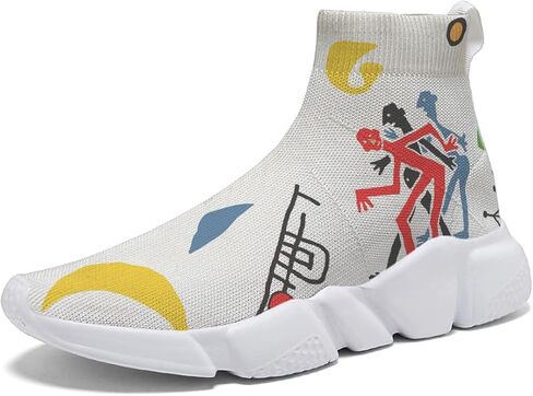 Men Plus Size Sneakers Art Graffiti Running Shoes Slip on Sock Breathable Lightweight White 7-15 in Saudi Arabia