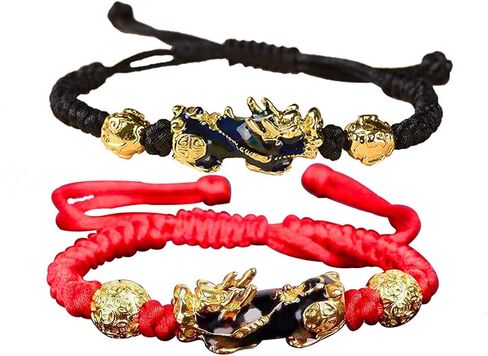 2PCS Pi Xiu/Pi Yao Obsidian Feng Shui Bracelet, Mantra Amulet Alloy Wealth Adjustable Braided Bracelet for Women Men Girls in Saudi Arabia