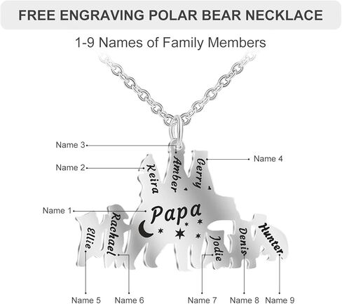 Engraved Papa/Mama Bear Necklace with 1-9 Names Personalized Family Necklace for Men Women Custom Necklace for Dad with Kids Names for FatherS Day Mothers Day in Kuwait