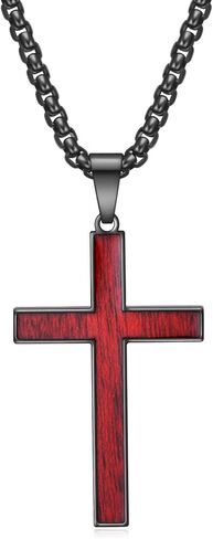 Mens Stainless Steel Wood Cross Pendant Necklace, Christian Wooden Cross Necklace 24" Round Box Chain in Saudi Arabia