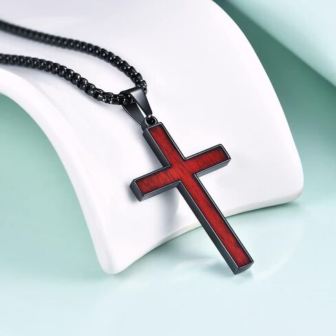 Mens Stainless Steel Wood Cross Pendant Necklace, Christian Wooden Cross Necklace 24" Round Box Chain in Saudi Arabia