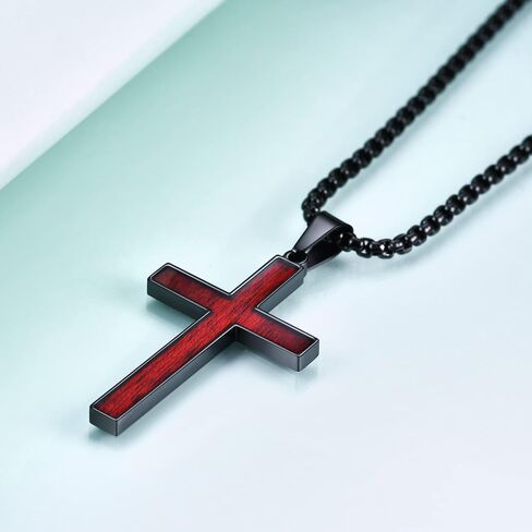 Mens Stainless Steel Wood Cross Pendant Necklace, Christian Wooden Cross Necklace 24" Round Box Chain in Saudi Arabia