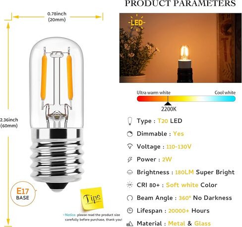 E17 LED لمبة فرن الميكروويف الخفيفة المكافئة 15W 20W المتوهجة للأجهزة، الثلاجة، شجرة عيد الميلاد، غطاء محرك السيارة E17 / C9 قاعدة متوسطة 2W 200lm عكس الضوء الأبيض الدافئ 2700K حزمة من 2 in Kuwait