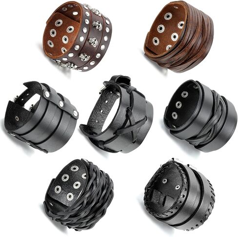 Aroncent Biker Punk Rock Leather Bracelets Wide Braided Adjustable with Snap Button 2-4 PCS in Kuwait