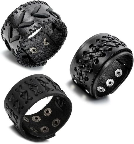 Aroncent Biker Punk Rock Leather Bracelets Wide Braided Adjustable with Snap Button 2-4 PCS in Kuwait