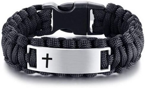 LiFashion LF Mens Stainless Steel Personalized Black Rope Paracord Survival Bracelet,Christ Cross Bible Quote Scripture Cuff Bracelets for Adult Outdoor Hiking Camping Activities,Free Engraving in Saudi Arabia