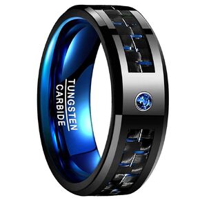 Vakki 8mm Men's Red/Blue/Black Tungsten Carbide Rings with CZ Inlay Carbon Fiber Wedding Band Beveled Edge Comfort Fit Size 6-15