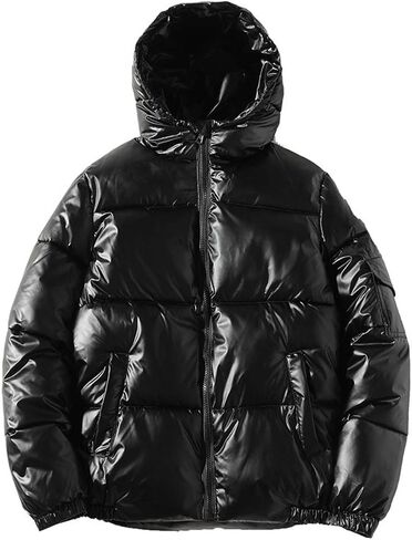 chouyatou Men's Casual Hooded Full Zip Metallic Shiny Short Bomber Alternative Down Coat in Kuwait
