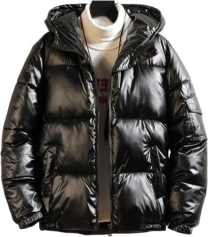 chouyatou Men's Casual Hooded Full Zip Metallic Shiny Short Bomber Alternative Down Coat in Kuwait
