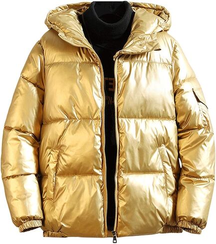 chouyatou Men's Casual Hooded Full Zip Metallic Shiny Short Bomber Alternative Down Coat in Kuwait