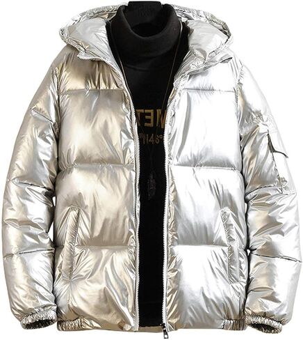 chouyatou Men's Casual Hooded Full Zip Metallic Shiny Short Bomber Alternative Down Coat in Kuwait
