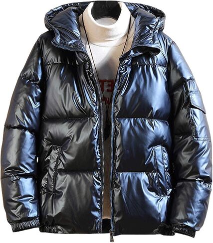 chouyatou Men's Casual Hooded Full Zip Metallic Shiny Short Bomber Alternative Down Coat in Kuwait