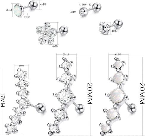 LOYALLOOK 4-6Pcs CZ Barbell Helix Piecing Cartilage Earring Stainless Steel Nose Lip Studs Opal Tragus Body Piercing Jewelry 16G in Saudi Arabia