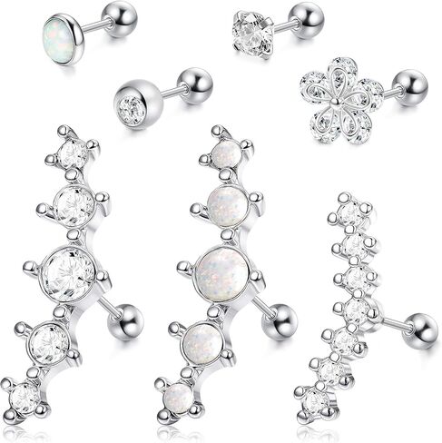 LOYALLOOK 4-6Pcs CZ Barbell Helix Piecing Cartilage Earring Stainless Steel Nose Lip Studs Opal Tragus Body Piercing Jewelry 16G in Saudi Arabia