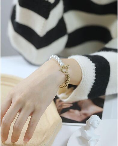 Jonline24h Mens Womens Stainless Steel Good Luck Love Link Pearls Bracelet Bangle Silver in Kuwait