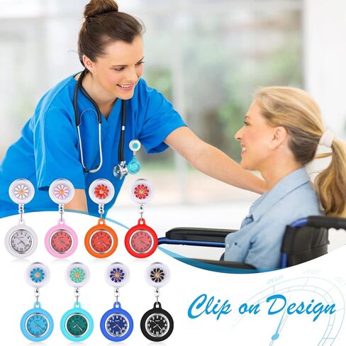 8 Pcs Retractable Nurse Watch Silicone Cover Brooch Fob Pocket Watch Clip on Nursing Watch Nurse Fob Watch with Second Hand for Doctor Nurse, 8 Colors in Saudi Arabia