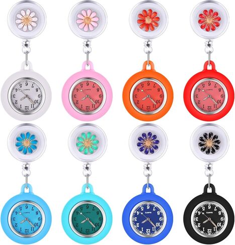 8 Pcs Retractable Nurse Watch Silicone Cover Brooch Fob Pocket Watch Clip on Nursing Watch Nurse Fob Watch with Second Hand for Doctor Nurse, 8 Colors in Saudi Arabia