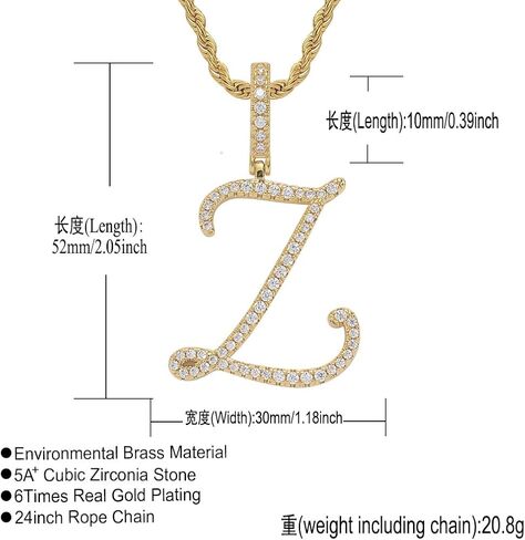 charlinliol Initial Letter Necklace Gold Plated Women/Men Iced Out Initial Letter Pendant Necklace with 24" Rope Chain in Kuwait