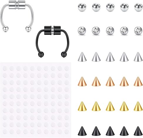 JFORYOU Fake Eyebrow Ring Fake Lip Labret Studs Replacement Balls Spike with 100pcs Sticker Non-Piercing Body Jewelry Fake Skin Piercing in Saudi Arabia