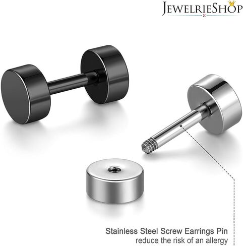 JewelrieShop Black Earrings Men Dot Studs Fake Gauges Plugs Earring Stainless Steel Circle Disc Flat Back Cheater Tunnel Dumbbell Earrings Women (18g,2 Pairs,3mm-14mm,Black and Silver) in Kuwait
