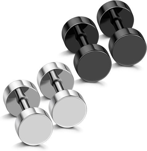 JewelrieShop Black Earrings Men Dot Studs Fake Gauges Plugs Earring Stainless Steel Circle Disc Flat Back Cheater Tunnel Dumbbell Earrings Women (18g,2 Pairs,3mm-14mm,Black and Silver) in Kuwait