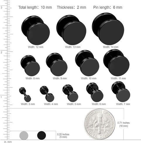 JewelrieShop Black Earrings Men Dot Studs Fake Gauges Plugs Earring Stainless Steel Circle Disc Flat Back Cheater Tunnel Dumbbell Earrings Women (18g,2 Pairs,3mm-14mm,Black and Silver) in Kuwait