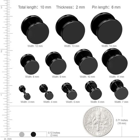 JewelrieShop Black Earrings Men Dot Studs Fake Gauges Plugs Earring Stainless Steel Circle Disc Flat Back Cheater Tunnel Dumbbell Earrings Women (18g,2 Pairs,3mm-14mm,Black and Silver) in Kuwait