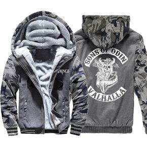 WDBAYXH Viking Thicken Plus Fleece Warm Zip Hoodie, Valhalla Sons of Odin Printed Camo Sleeve Sweatshirt, Personality Jacket,Dark Blue,XL in Kuwait
