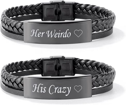 SHNIAN 1PCS|2PCS Fashion Stainless Steel Braided Genuine Leather Couples Bracelets Attraction Long Distance Relationship Bracelets,Customize Couple Gift for Men Women|Customizable Lettering in Kuwait