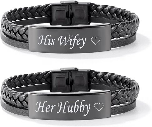 SHNIAN 1PCS|2PCS Fashion Stainless Steel Braided Genuine Leather Couples Bracelets Attraction Long Distance Relationship Bracelets,Customize Couple Gift for Men Women|Customizable Lettering in Kuwait