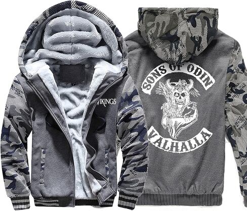 WDBAYXH Viking Thicken Plus Fleece Warm Zip Hoodie, Valhalla Sons of Odin Printed Camo Sleeve Sweatshirt, Personality Jacket,Dark Blue,XL in Kuwait