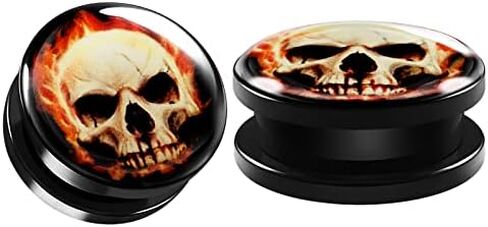 Pair of Black Acrylic Screw-fit Flesh External Tunnels Piercing Jewelry Stretcher Ear Ring Skull logo Earring Lobe Plugs in Saudi Arabia