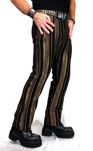 Shrine Men's Victorian Gothic Steampunk Rocker Pants Gold Black Stripe Tapestry in Saudi Arabia